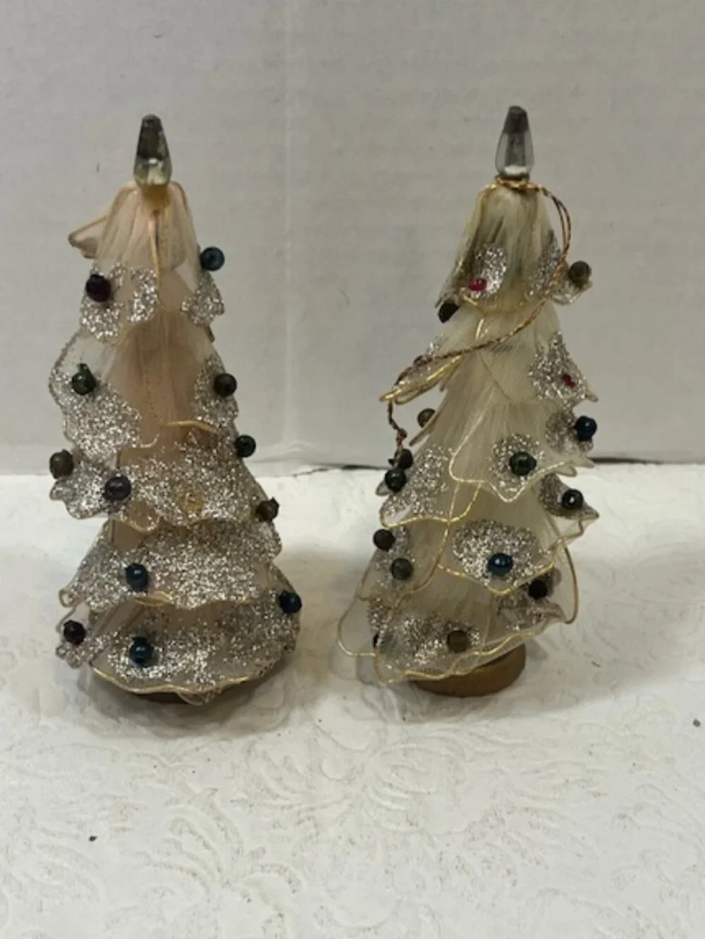 Two Antique Pink & White Tulle Mesh Christmas Tree Tabletop Decor GlassBalls  5